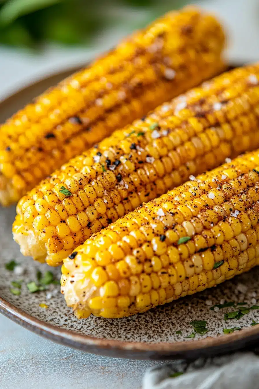 Close-up of air fryer corn on the cob with bright, natural lighting