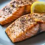 Close-up of air fryer salmon skinless with a golden crust and garnished with herbs