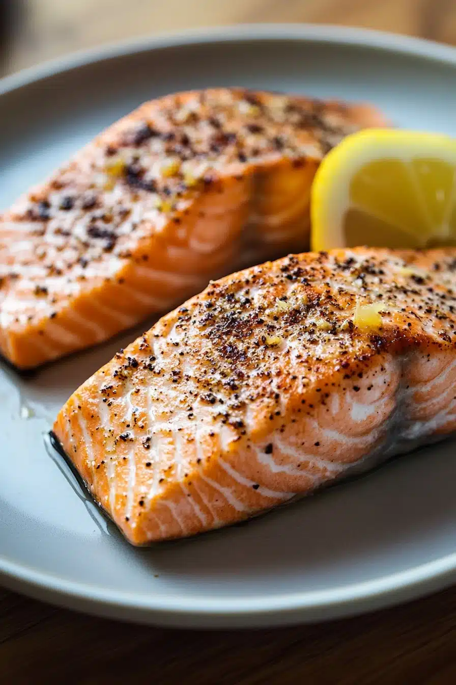 Close-up of air fryer salmon skinless with a golden crust and garnished with herbs