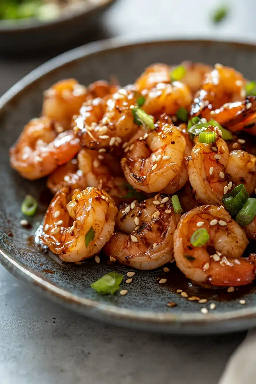 Close-up of air fryer shrimp teriyaki with a glossy sauce and sesame seeds