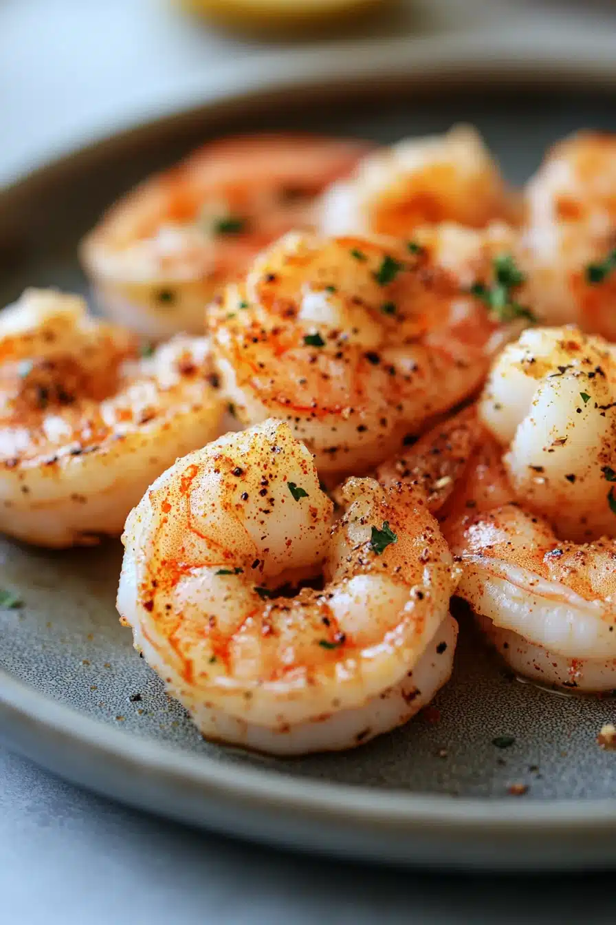 Close-up of golden-brown shrimp cooked in an air fryer with a clean background.