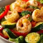 Close-up of air fryer shrimp with colorful vegetables on a clean plate