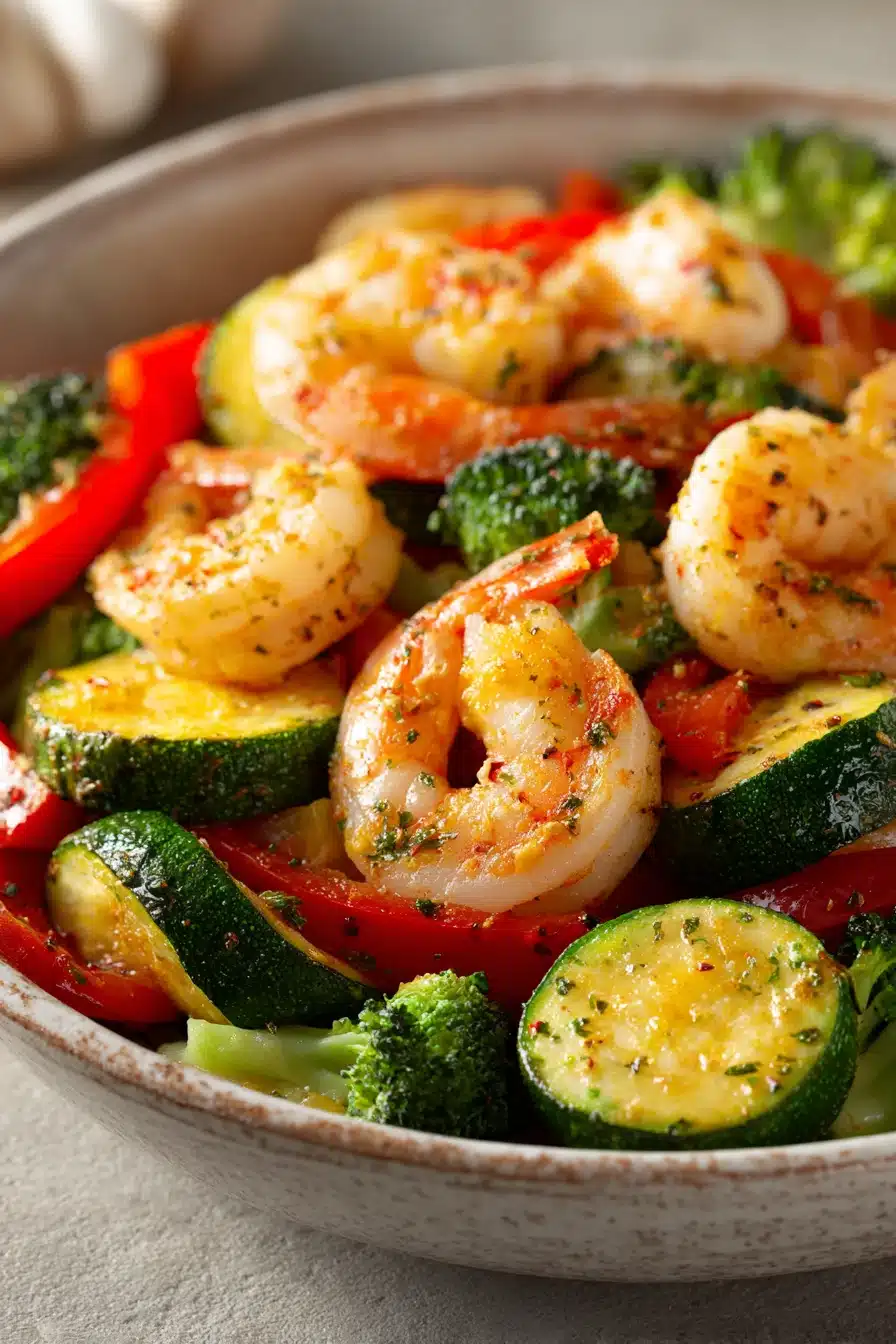 Close-up of air fryer shrimp with colorful vegetables on a clean plate