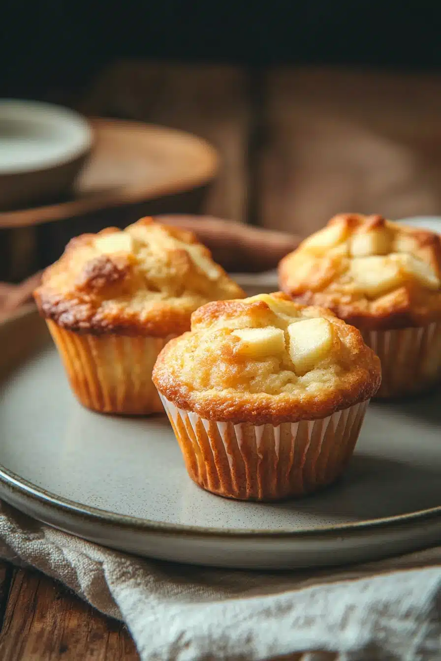 Close-up of freshly baked apple muffins on a white plate, perfect for kids.