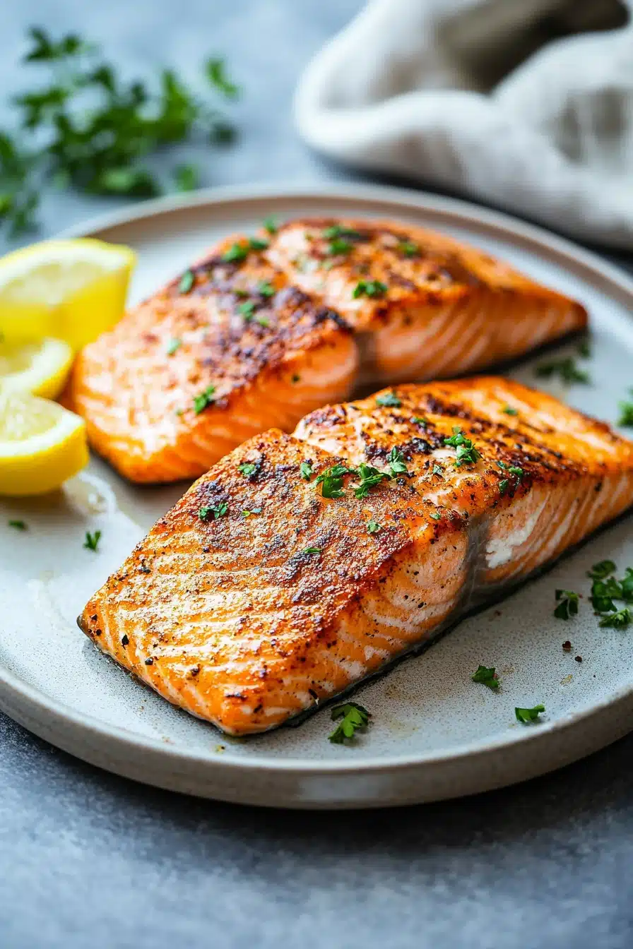 Close-up of baked salmon in an air fryer with a clean background