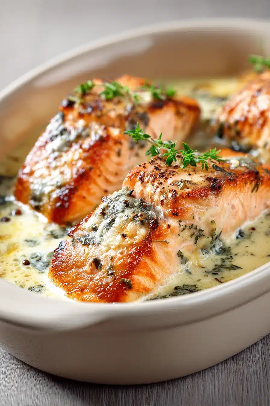Close-up of baked creamy salmon with a golden crust and herbs on a white plate.