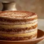 Close-up of a banana cake layered with creamy frosting, showcasing its texture and layers.