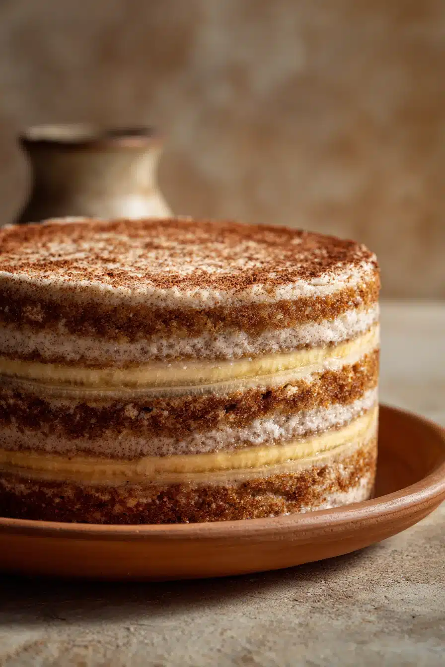 Close-up of a banana cake layered with creamy frosting, showcasing its texture and layers.