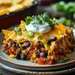 Close-up of a beef casserole with ground beef and loaded taco toppings, garnished with herbs.