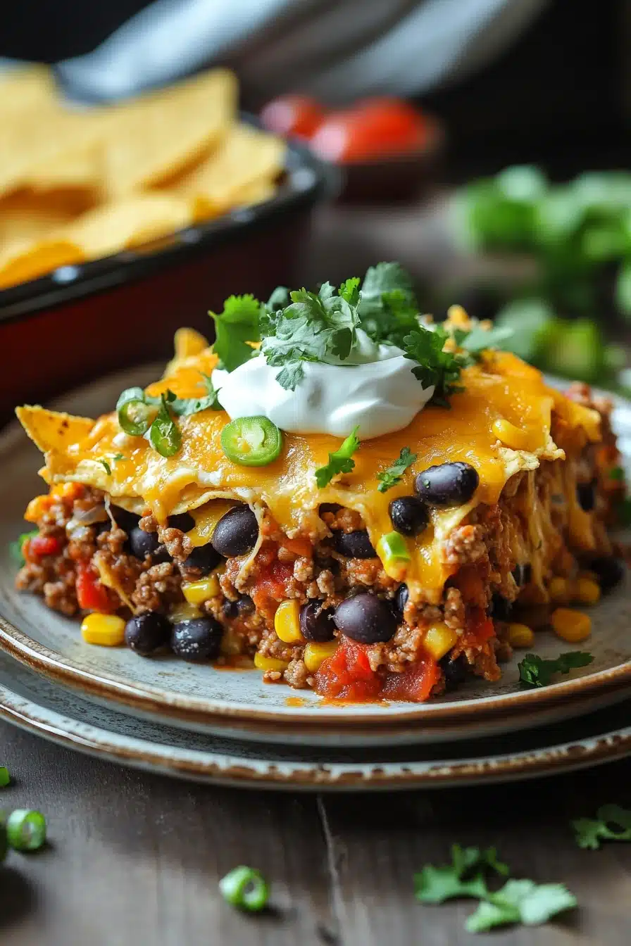 Close-up of a beef casserole with ground beef and loaded taco toppings, garnished with herbs.