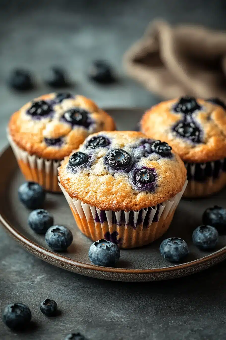 Close-up of a blueberry muffin with frozen blueberries on a clean background.