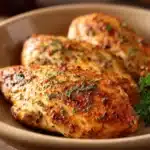 Close-up of boneless chicken breast with creamy sauce in air fryer