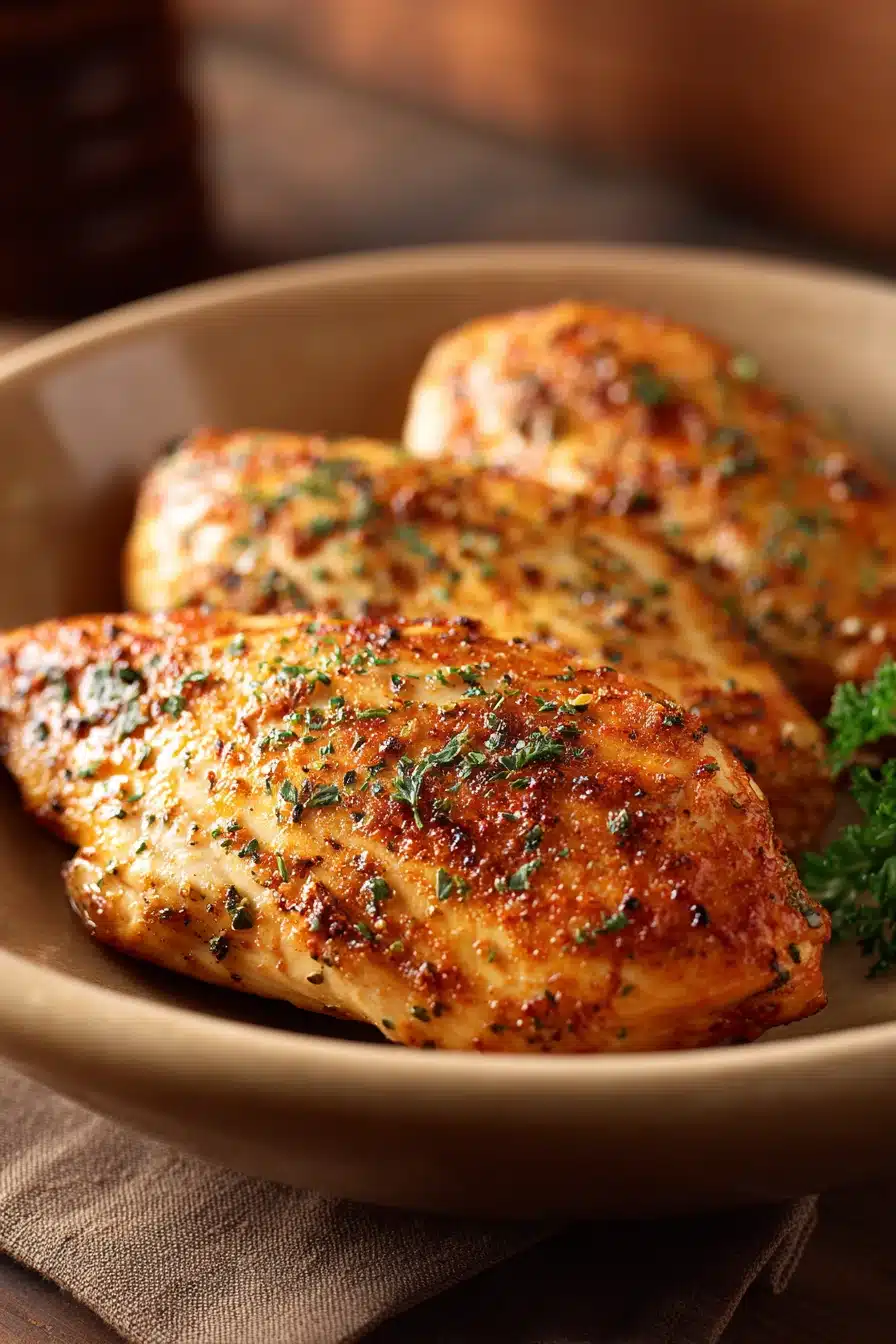 Close-up of boneless chicken breast with creamy sauce in air fryer