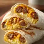 Close-up of a breakfast crunchwrap with eggs, cheese, and a crispy tortilla wrap.