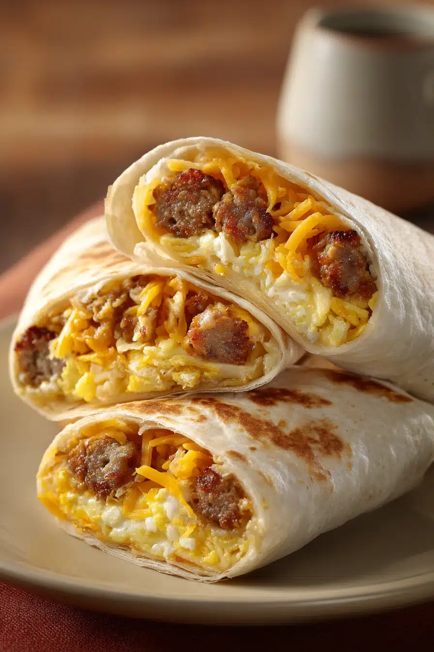 Close-up of a breakfast crunchwrap with eggs, cheese, and a crispy tortilla wrap.