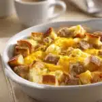 Close-up of breakfast sausage and egg casserole with golden crust and herbs
