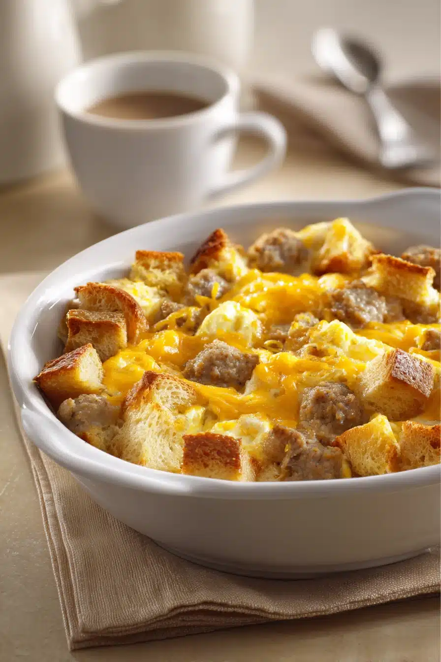 Close-up of breakfast sausage and egg casserole with golden crust and herbs