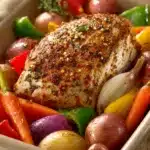 Cajun Style Baked Turkey Breast with Vegetables in a bright, appetizing close-up