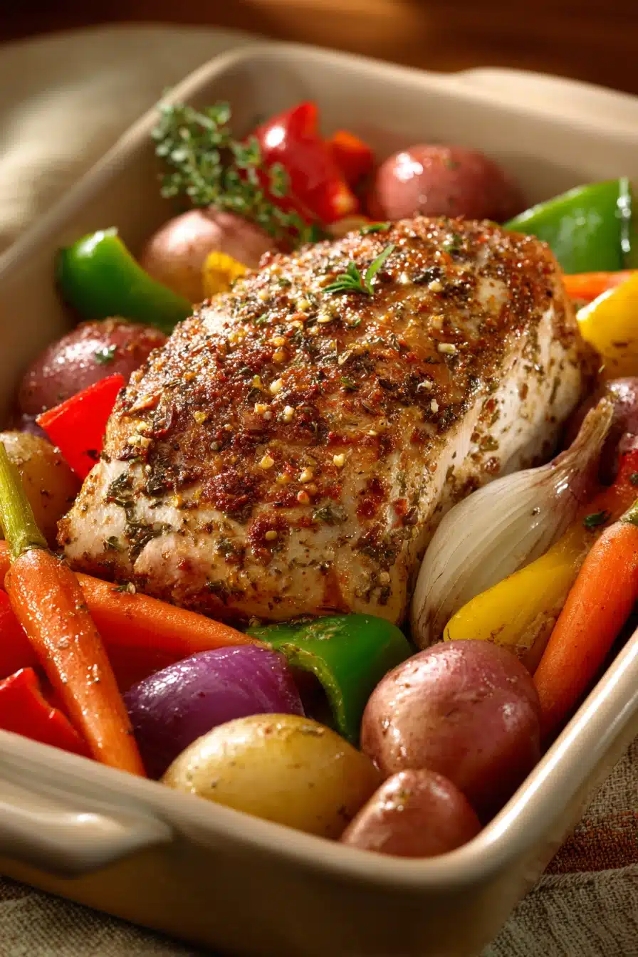 Cajun Style Baked Turkey Breast with Vegetables in a bright, appetizing close-up