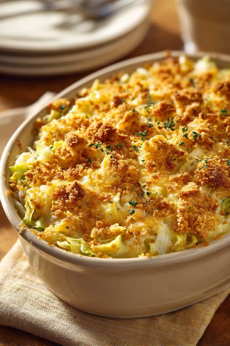 Close-up of a cheesy cabbage casserole with a golden cracker topping, filling the frame.