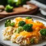 Close-up of cheesy chicken rice broccoli casserole with golden cheese topping