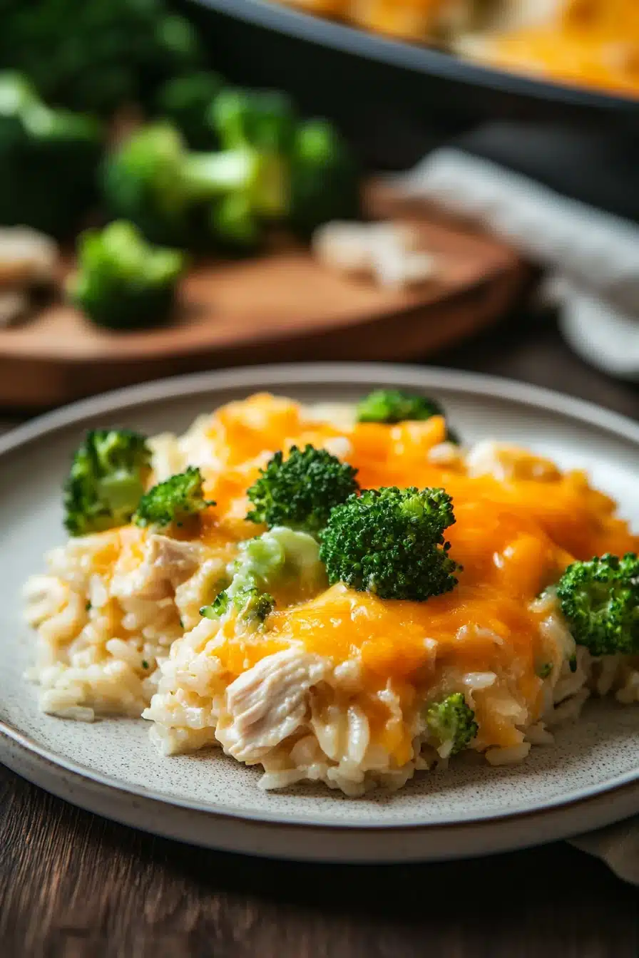Close-up of cheesy chicken rice broccoli casserole with golden cheese topping