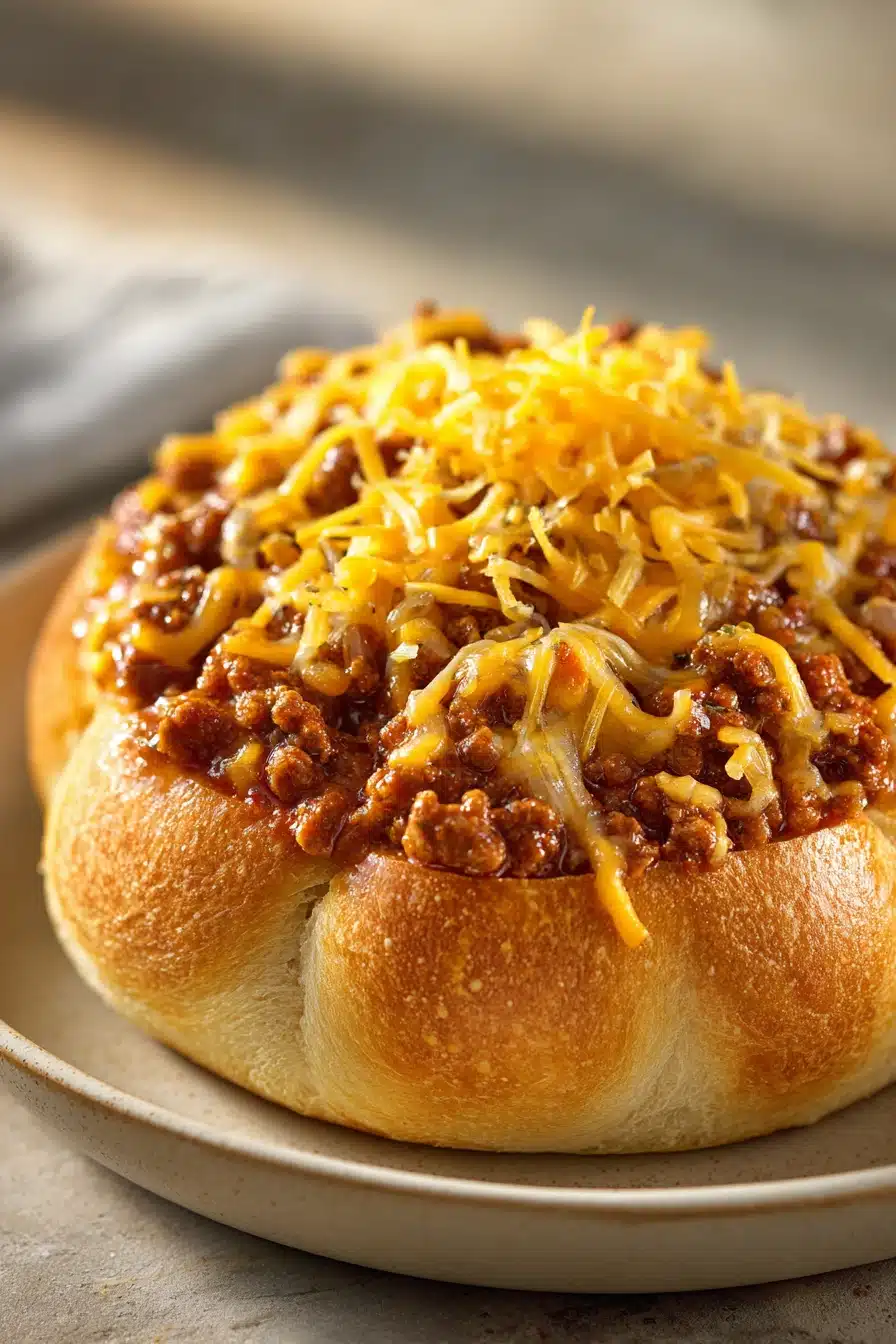 Close-up of cheesy garlic bread sloppy joes with melted cheese and garlic on a clean background.