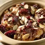 Close-up of a chicken and date casserole with a creamy sauce, garnished with herbs.