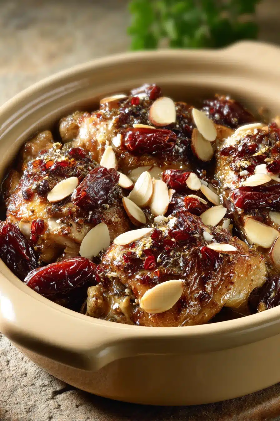 Close-up of a chicken and date casserole with a creamy sauce, garnished with herbs.