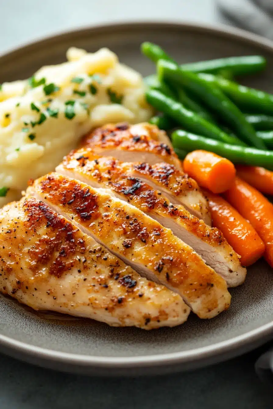 Close-up of a delicious chicken breast dinner with bright and warm lighting.