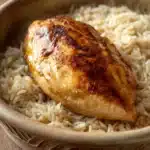 Close-up of chicken breast with rice on a white plate, garnished with herbs.