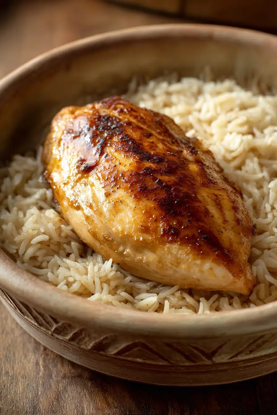 Close-up of chicken breast with rice on a white plate, garnished with herbs.
