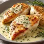 Close-up of chicken breast with creamy sauce on a plate, garnished with herbs.