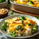 Close-up of chicken broccoli casserole with creamy sauce, perfect as a freezer meal.
