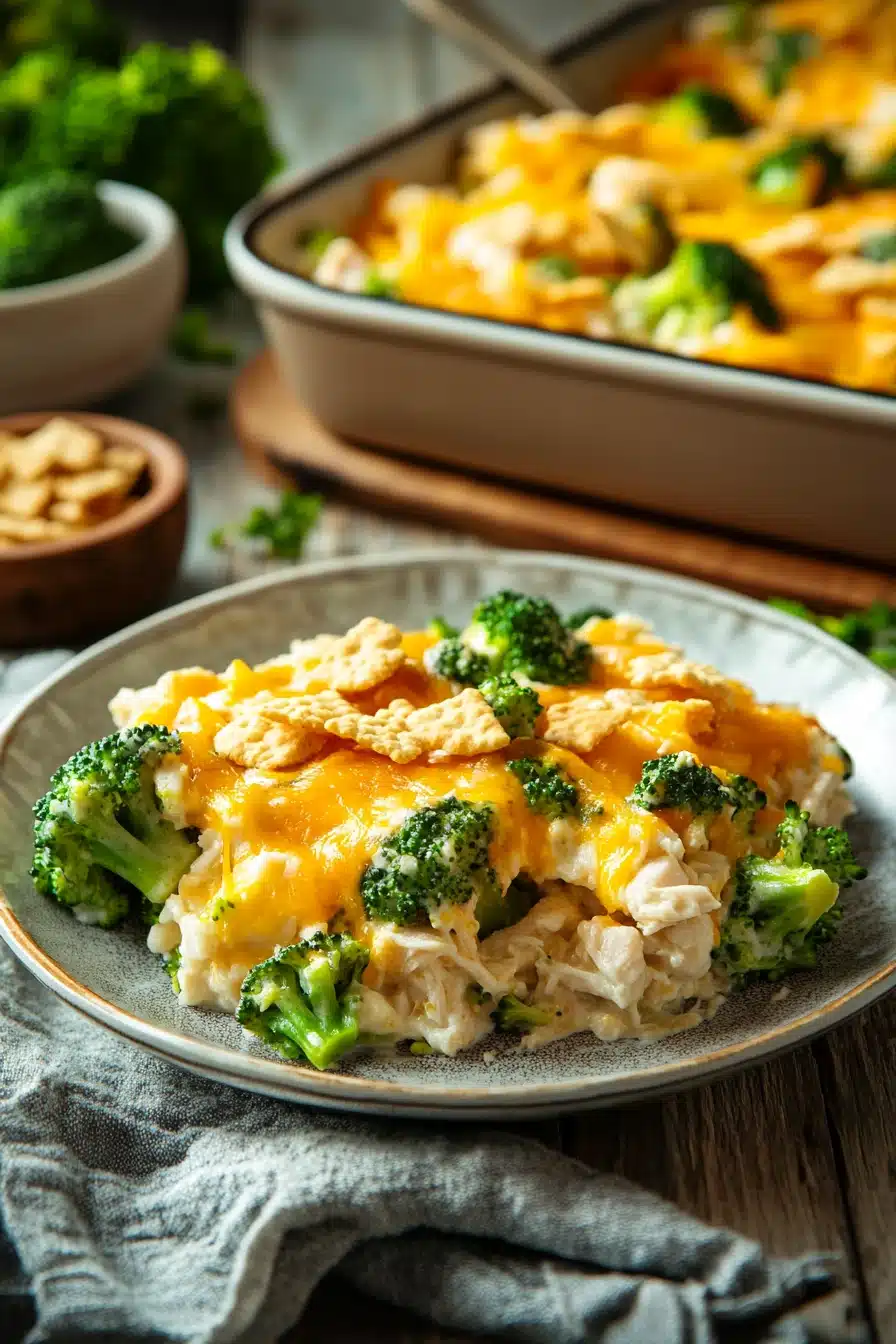 Close-up of chicken broccoli casserole with creamy sauce, perfect as a freezer meal.