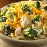 Close-up of chicken broccoli casserole noodles with a creamy sauce