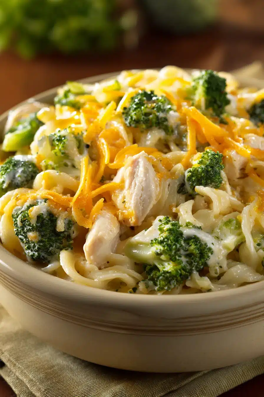 Close-up of chicken broccoli casserole noodles with a creamy sauce
