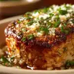 Close-up of chicken meatloaf with garlic and parmesan, garnished with herbs on a white plate.