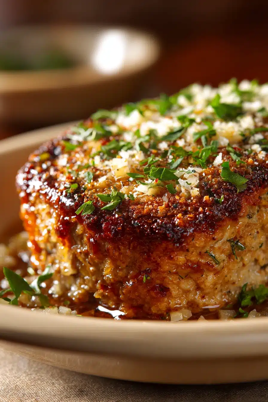 Close-up of chicken meatloaf with garlic and parmesan, garnished with herbs on a white plate.