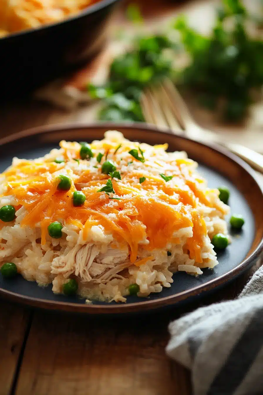 Close-up of a chicken rice casserole with creamy sauce and herbs