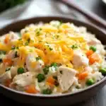 Close-up of a chicken rice casserole in a pot with golden brown crust and herbs