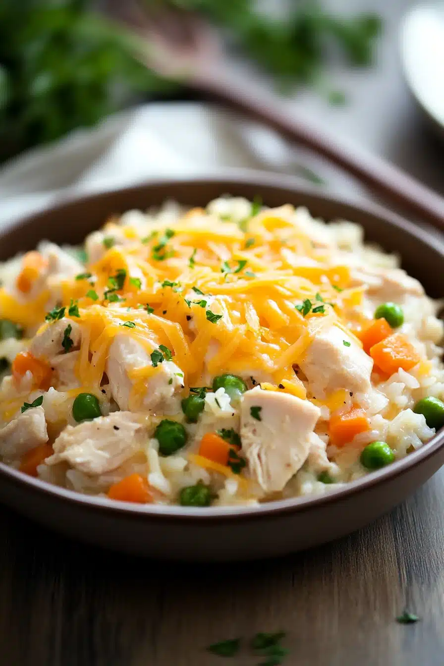 Close-up of a chicken rice casserole in a pot with golden brown crust and herbs