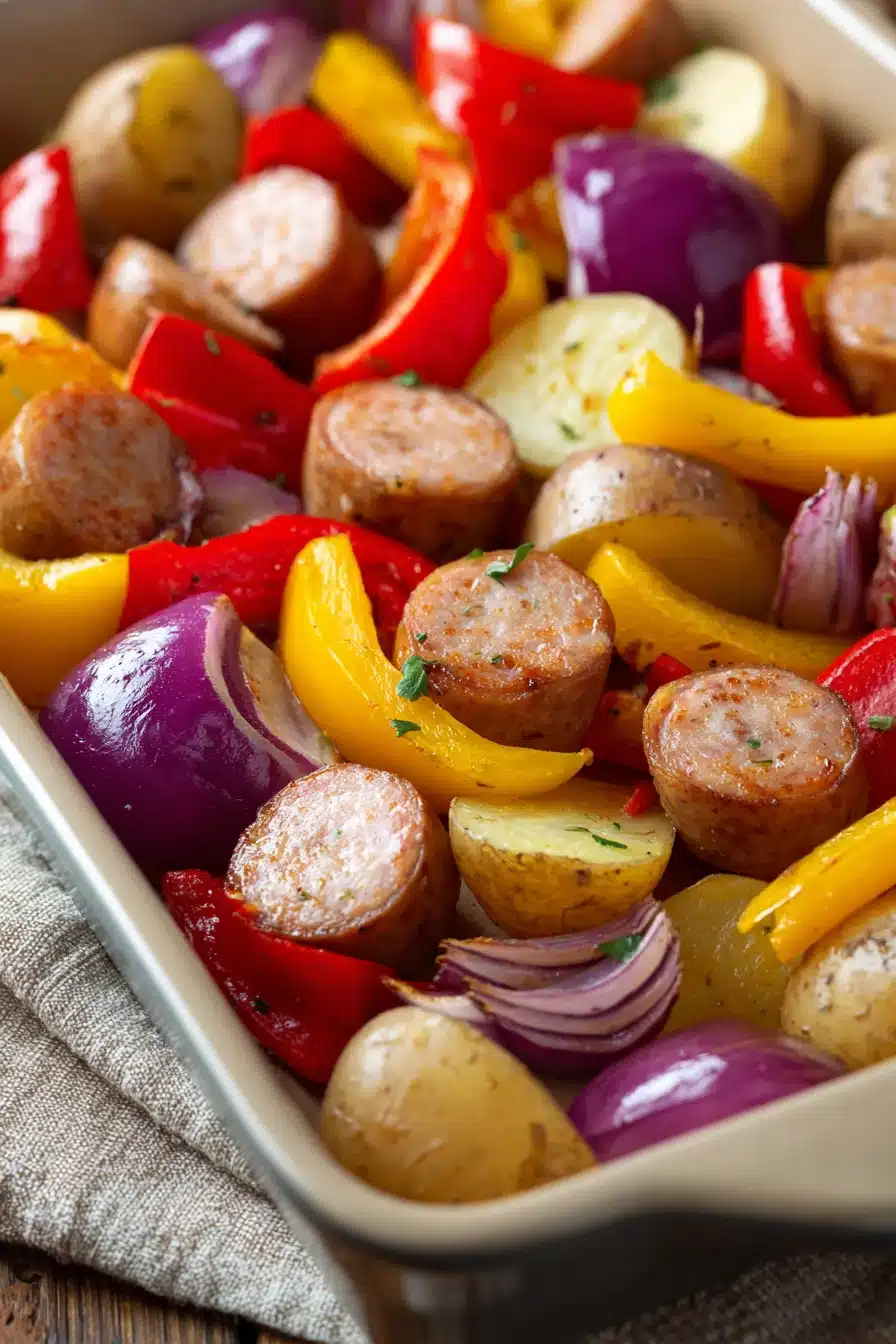 Close-up of chicken sausage with vegetables on a sheet pan, perfect for a quick lunch.