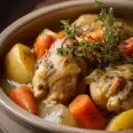 Close-up of chicken stew in slow cooker with vegetables and herbs
