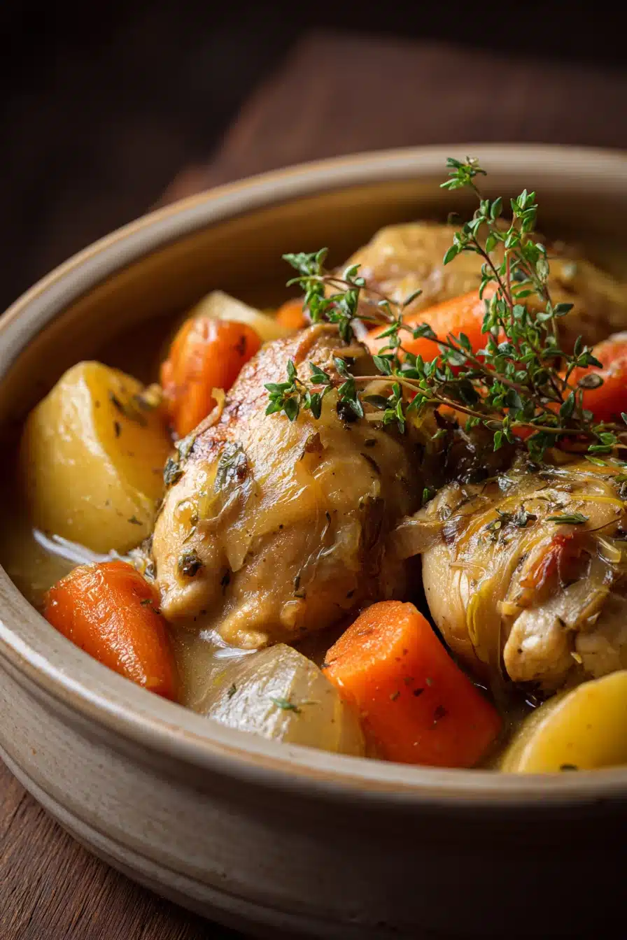 Close-up of chicken stew in slow cooker with vegetables and herbs