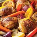 Close-up of a dairy-free chicken thigh dinner with herbs and a light sauce.