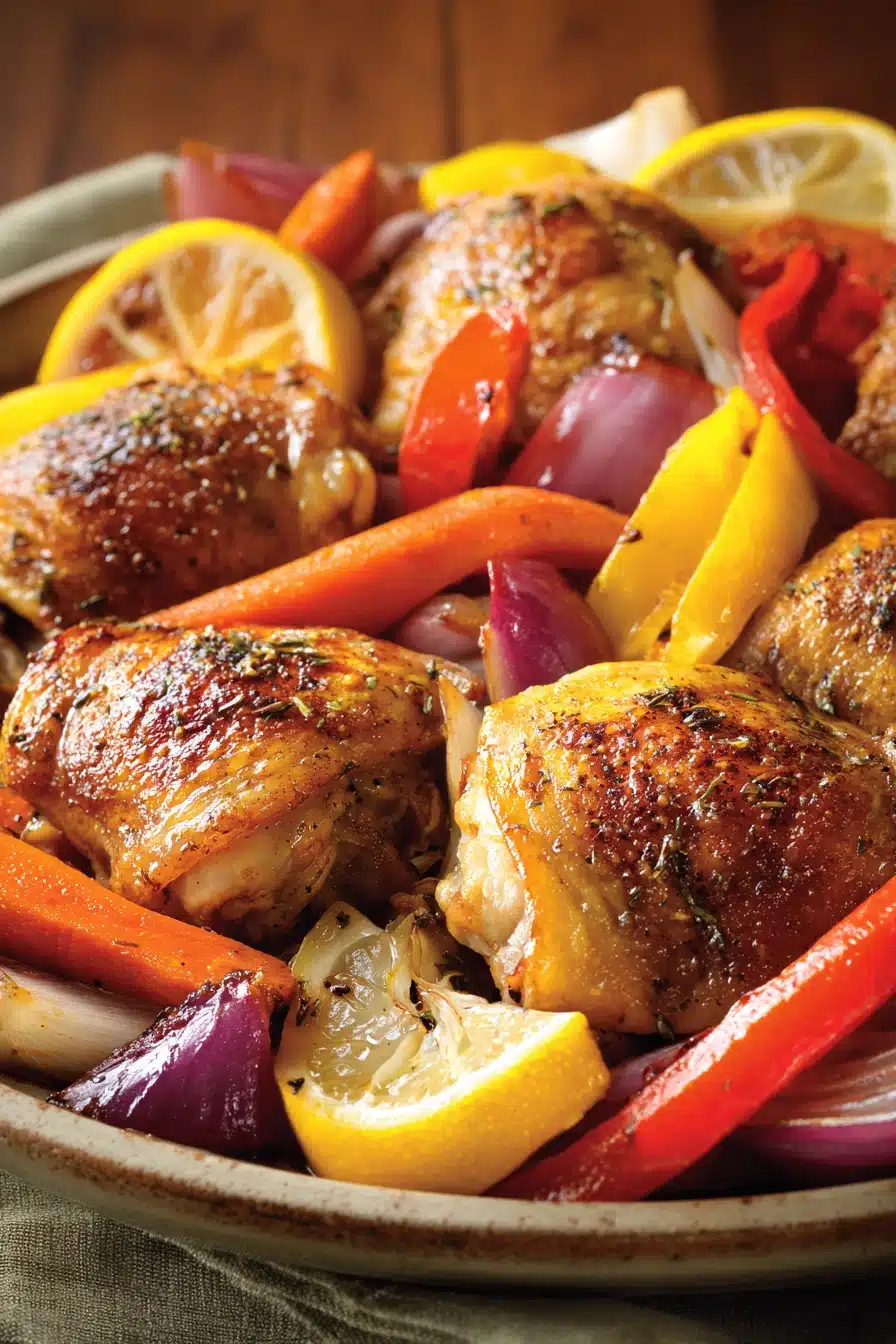 Close-up of a dairy-free chicken thigh dinner with herbs and a light sauce.