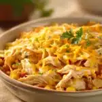 Close-up of Chicken Tortilla Casserole with melted cheese and tortilla chips on top.