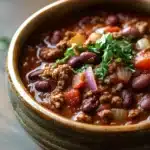 Close-up of chili in a crock pot slow cooker with beans and spices