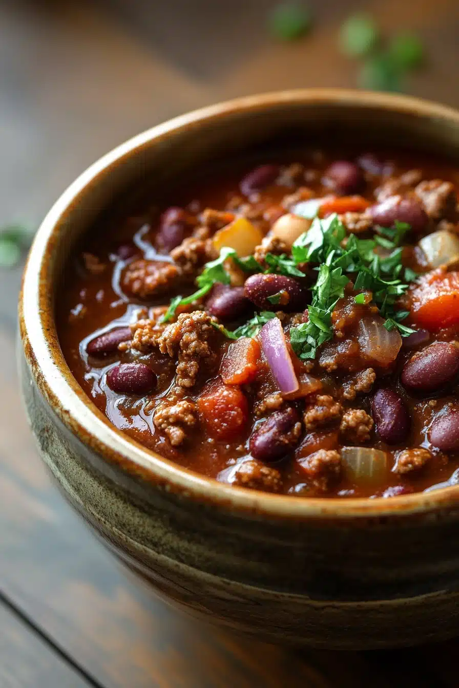 Close-up of chili in a crock pot slow cooker with beans and spices